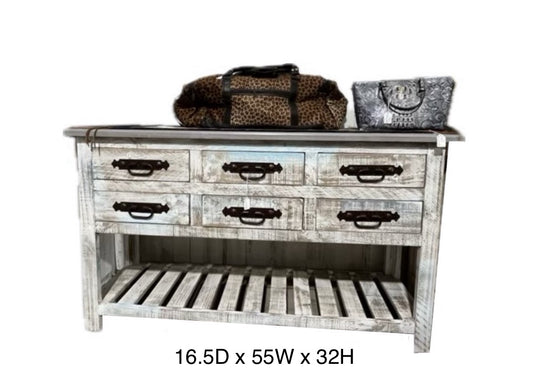 Rustic 6 Drawer Sofa Table (Antique White)